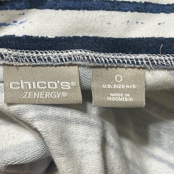 Chico's Zenergy Tunic Top V Neck Back Size Small (0) Blue White Stripe Knit - Picture 4 of 5